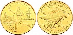 United States 5 Dollars 1995 W
KM# 261; 1996 Olympics - Torch Runner; Mintage 14,675; Gold (.900) 8.359g.; UNC