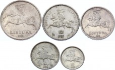 Lithuania Lot of 5 Coins 1925 - 1936
Silver; Various Denominations & Conditions