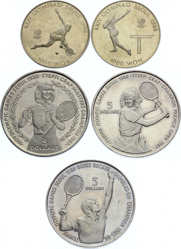 World Lot of 5 Coins 1987 - 1988 "Tennis"
Niue 5 Dollars 1987-1988 & South Kore...