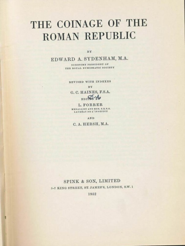 SYDENHAM Edward A. The Coinage of the Roman Republic. Spink, London, 1952 Carton...