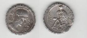 Mn. Aquillius Mn.f. Mn. n. (71 BC) AR Denarius 3.74 g. Rome Obv/ Helmeted bust of Vitus right, VITVS before, III VIR behind. Rev/ Warrior standing fac...