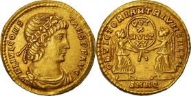 CONSTANS (337-350 AD) Solidus Aquileia 4.50 g. Obv/ FL IVL CONS TANS P F AVG Diademated bust right. Rev/ OB VICTORIAM TRIVMFALEMVOT/X/MVLT/XV in exerg...