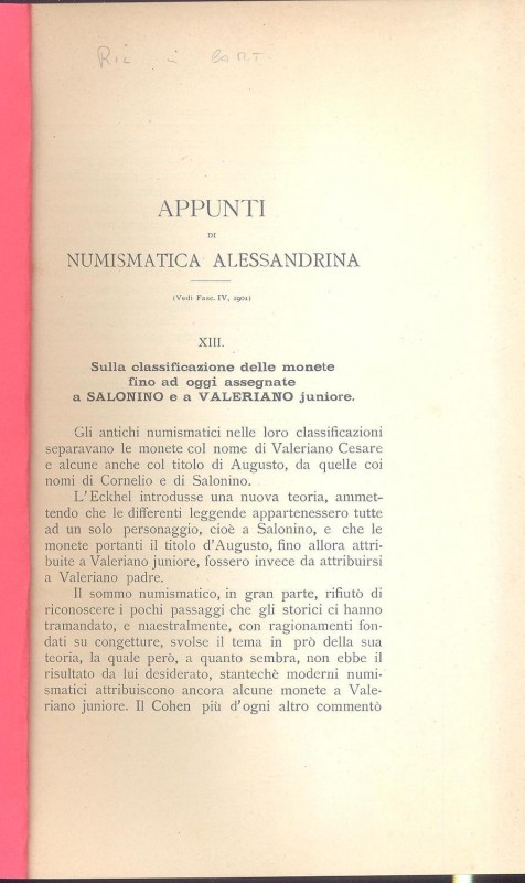 DATTARI G. - Appunti di numismatica alessandrina. XIII. Sulla classificazione de...