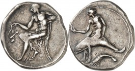 TARENTE (443-400 avt.JC). Statère d'argent (7,77 g).
A/ Phalentos, personnage mythologique fondateur de Tarente, assis sur une chaise à gauche et ten...