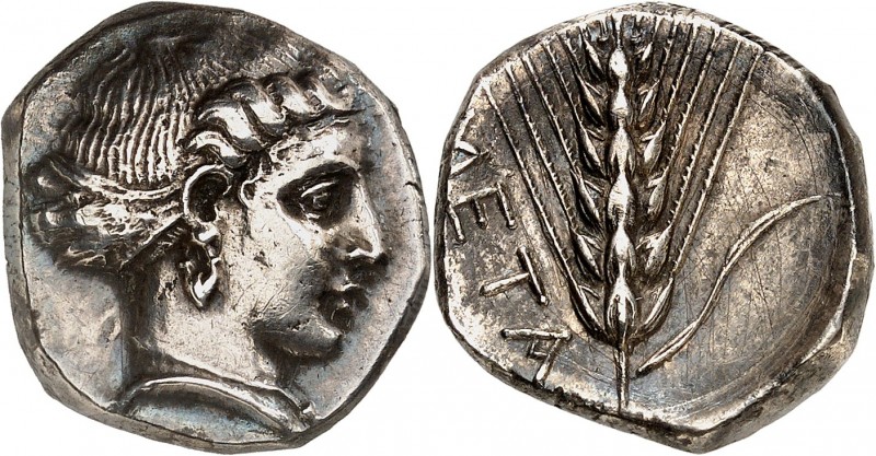 LUCANIE. METAPONTE (vers 340-335 avt. JC). Nomos (7,91 g).
A/ Tête féminine à d...