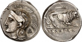 LUCANIE. VELIA (290-280 avt. JC). Statère (7,50 g).
A/ Tête d'Athéna à gauche, un griffon sur le casque. Derrière, AR.
R/ Lion à droite, au-dessus u...