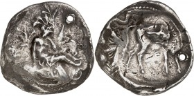 CRETE. GORTYNE (Vème-IIIème Siècle avt. JC).(Surfrappé sur une monnaie de PHAISTOS). Tétradrachme (11,63 g).
A/ L'Europe assise à droite.
R/ Taureau...