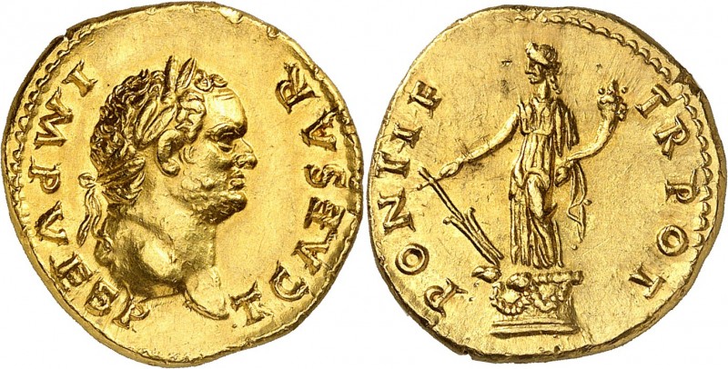 TITUS (79-81). Aureus (7,31 g) Rome 74.
A/ T CAES IMP VESP. Sa tête laurée à dr...