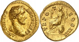 ANTONIN LE PIEUX (138-161). Aureus (7,42 g) Rome 145-161.
A/ ANTONIVS AVG PIVS PP. Son buste drapé tête nue à droite.
R/ TR POT COS IIII.Rome assise...