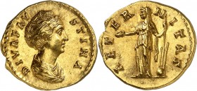 FAUSTINE MERE (épouse d'ANTONIN LE PIEUX). Aureus (7,22 g) Rome 141-161.
A/ DIVA FAVSTINA. Son buste drapé et diadémé à droite.
R/ AETERNITAS. La Fo...