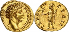 MARC AURELE (139-180). Aureus (7,34 g) Rome 152-153.
A/ AVRELIVS CAESAR AVG P II. Sa tête nue et barbue à droite.
R/ TR POT VII COS II. Rome en habi...