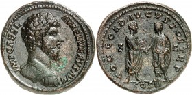 LUCIUS VERUS (161-169). Sesterce (25,79 g) Rome 161-169.
A/IMP CAES L AVREL - VERVS AVG. Son buste, tête nue, drapé et cuirassé à droite.
R/CONCORDI...