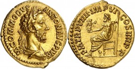 COMMODE (180-196). Aureus (7,26 g) Rome 183-184.
A/ M COMMODVS ANTON AVG PIVS. Son buste drapé et lauré à droite.
R/ PMTRP VIII IMP VI COS IIII PP. ...