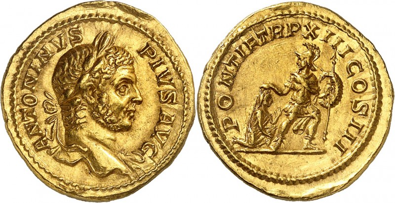 CARACALLA
(198-217). Aureus (7,50 g) Rome 210.
A/ ANTONIVS PIVS AVG. Sa tête l...
