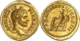 CARACALLA
(198-217). Aureus (7,50 g) Rome 210.
A/ ANTONIVS PIVS AVG. Sa tête laurée à droite.
R/PONTIF TR P XIII COS III. Caracalla armé d'un boucl...