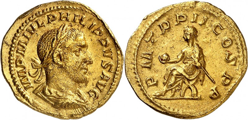 PHILIPPE Ier (244-247). Aureus (4,21 g) Rome 245.
A/ IMP M IVL PHILIPPVS AVG. S...