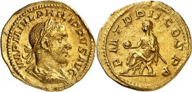 PHILIPPE Ier (244-247). Aureus (4,21 g) Rome 245.
A/ IMP M IVL PHILIPPVS AVG. Son buste drapé à droite.
R/ PM TRP II COS PP. Philippe assis à gauche...