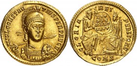 CONSTANCE II (337-361). Solidus (4,45 g) Constantinople.
A/ FL IVL CONSTAN-TIVS PERP AVGV. Son buste de face.
R/ GLORIA-REI-PVBLICAE/VOT/XXX/MVLT/XX...
