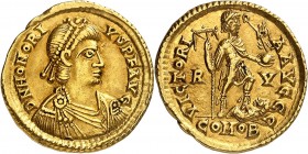 HONORIUS (393-423). Solidus (4,49 g) Ravenne 408-423.
A/ D N HONORI-VS P F AVG. Buste diadémé, drapé et cuirassé d'Honorius à droite.
R/ VICTORI-A A...
