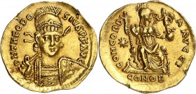 THEODOSE II (408-450). Solidus (4,41 g) Constantinople 388-392.
A/ D N THEODOSIVS P F AVG. Son buste de face.
R/ CONCORDIA AVGG I. Constantinople as...