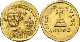 HERACLIUS et son Fils HERACLIUS CONSTANTIN Enfant (610-641). Solidus (4,47 g)
Constantinople 613-629 Off.E.
A/ DDN NN HERACLIUS ET HERA CONST PP AV....
