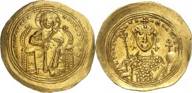 CONSTANTIN IX MONOMACHUS (1042-1055). Histamenon nomisma (4,41 g) Constantinople.
A/ +IhS XIS RЄX RЄΣNANTInm. Buste de face du Christ.
R/+CΩhST-ATh-...