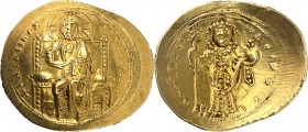 CONSTANTIN X DUCAS (1059-1067). Histamenon nomisma (4,37 g).
A/ +IhS IXS RЄX-RЄϚNANTIhm. Le Christ assis sur un trône à dossier carré, croix nimbée d...