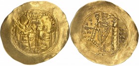 ALEXIS I Après la Réforme (1092-1118). Aspron Trachy (4,37 g).
A/ Le Christ nimbé, assis de face sur un trône sans dossier, bénissant et tenant les E...