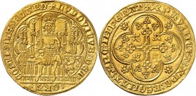 FLANDRE. LOUIS DE MAELE (1346-1384). Nouvelle chaise d'or au lion (4,43 g).
A/ +LVDOVICVS : DEI. GRA .Com'. Z: DnS: FLanD. Le Comte assis sur un trôn...