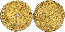 BRETAGNE. JEAN V (1399-1442). Florin d'or 2ème émission (2,99 g) Vannes (V).
A/ *IOHANES* DEI* GRA*B RITONV*DVX/V:. Le Duc à droite sur un cheval cap...