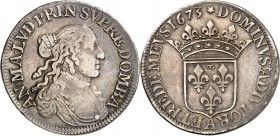 DOMBES (PRINCIPAUTE). ANNE MARIE D'ORLEANS (1650-1693).
Demi Ecu 1673 (13,47 g) Paris (A).
A/ AN.MA.LVD.PRIN. SVPRE.DOMBA. Son buste drapé à droite....