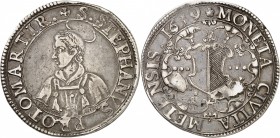 METZ (Ville). Thaler au St Etienne (28,41 g) 1639.
A/ + S.STEPHANVS PROTOMARTIR. Buste à gauche de Saint Etienne nimbé.
R/ *MONETA CIVITA METENSIS. ...