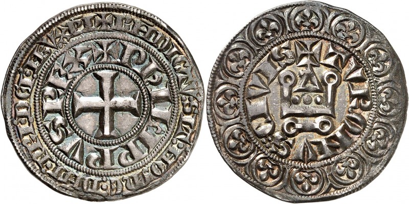 PHILIPPE IV (1285-1314) Gros tournois à l'0 long (4,03 g).
A/ PHILIPPVSREX/ BEN...