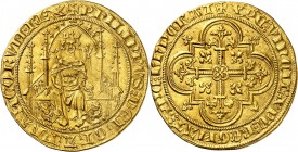 PHILIPPE VI de VALOIS (1328-1350) Parisis d'or (6,98 g).
A/ +PHILIPPVS DEI/GRA FRANCORVM REX. Le Roi couronné assis dans une stalle gothique avec bal...