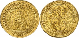 PHILIPPE VI de VALOIS (1328-1350) Pavillon d'or (5,00 g).
A/ (lis) PHILIPPVS DEI GRA FRANCHORVM REX. Le roi couronné et tenant un sceptre, assis sur ...