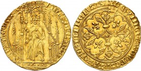 JEAN II LE BON (1319-1364) Royal d'or (3,00 g) 2ème émission.
A/ IOH'ES DEI GRA FRANCORV REX. Le roi couronné debout sous un dais gothique, tenant un...