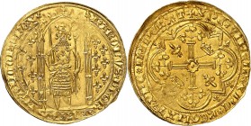 CHARLES V (1364-1380) Franc à pied (3,78 g).
A/ KAROLVS DI GR FRANCORV REX. Le roi couronné debout avec une cotte d'armes fleurdelisée sous un dais a...