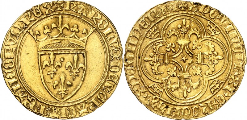 CHARLES VI (1380-1422) Ecu d'or (3,76 g) 1ère émission.
A/ + KAROLVS DEI GRACIA...