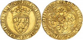 CHARLES VI (1380-1422) Ecu d'or (3,76 g) 1ère émission.
A/ + KAROLVS DEI GRACIA FRANCORVM REX, ponctuation par deux sautoirs superposés. Ecu de Franc...