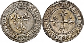 CHARLES VI (1380-1422) Gros au lis (2,91 g). Tournai (Point 16e).
A/ + KAROLVS FRANCORVM REX. Trois lis posés deux et un.
R/ +SIT NOME DNI BENEDICTV...