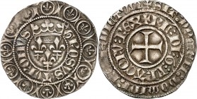 CHARLES VI (1380-1422) Gros au lis sous une couronne (Grossus) (7,11 g).
Rouen (Point 15e).
A/ KL.DI-G-FRANCOR-REX/Sit...Croix.
R/ GROSUS TVRONVS. ...