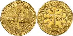 HENRI VI (1422-1453) Salut d'or (3,49 g) St Lô (Lis).
A/ (atelier) HENRICVS DEI GRA FRACORV ET AGLIE REX. Ecus accostés de France et d'Angleterre. De...