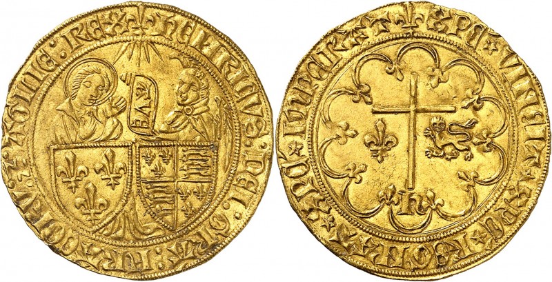 HENRI VI (1422-1453) Salut d'or (3,48 g) St Lô (Lis).
A/ (atelier) HENRICVS DEI...