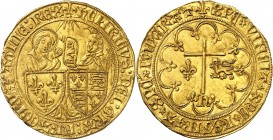 HENRI VI (1422-1453) Salut d'or (3,48 g) St Lô (Lis).
A/ (atelier) HENRICVS DEI GRA FRACORV ETAGLIE REX. Ecus accostés de France et d'Angleterre. Der...