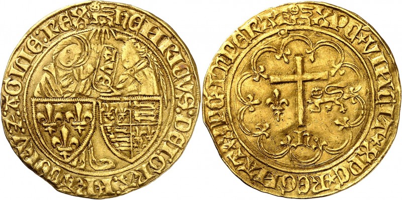 HENRI VI (1422-1453) Salut d'or (3,42 g) Rouen (Léopard).
A/ (atelier) HENRICVS...