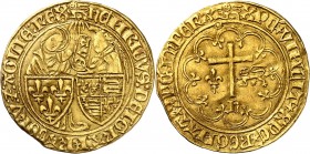 HENRI VI (1422-1453) Salut d'or (3,42 g) Rouen (Léopard).
A/ (atelier) HENRICVS DEI GRA FRACORV ET AGLIE REX. Ecus accostés de France et d'Angleterre...