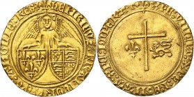 HENRI VI (1422-1453) Angelot (2,18 g) St Lô (Lis).
A/ (atelier) HENRICVS DEI GRA FRACORV ET ANGLIE REX. Ecus accostés de France et d'Angleterre. Derr...