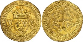 CHARLES VII (2ème période 1436-1461) Ecu d'or à la couronne (3,30 g).
4ème émission (Lis initial) Montpellier (Point 4ème).
A/ Lis. KAROLVS DEI GRAC...