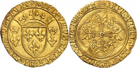 LOUIS XI (1461-1483) Ecu d'or à la couronne (3,40 g).
Perpignan (P en cœur de la croix) 1ère émission.
A/ (couronne) LVDOVICVS DEI GRA FRANCOR REX. ...
