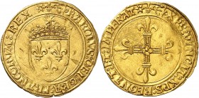 CHARLES VIII (1483-1498) Ecu d'or au soleil (3,42 g).
2ème émission (Lis initial) Bayonne (Ancre).
A/ (couronnelle) KAROLVS DEI GRA FRANCORVM REX. É...